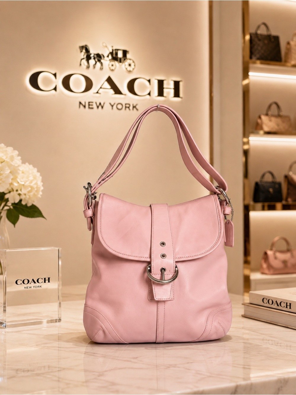 2004 Coach Soho (Pink) bag featuring a prominent buckle closure w/ dustbag